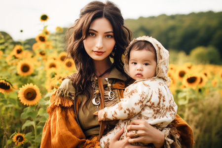 Young beautiful mother with her daughter in the field of sunflowersの素材