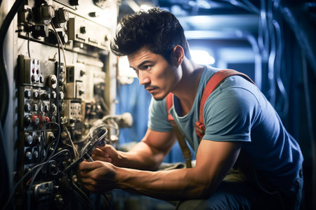 Portrait of a young male technician working in a power plant.の素材