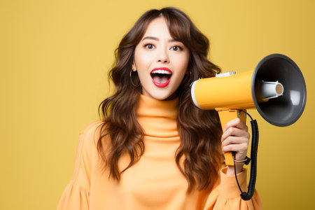 Portrait of a happy young woman holding megaphone over yellow backgroundの素材
