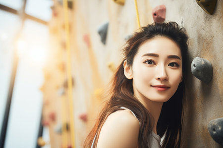 Portrait of beautiful sporty asian woman climbing indoor wall.の素材