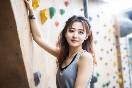 portrait of young asian woman climbing at indoor climbing gym.の素材