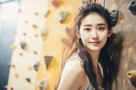Portrait of beautiful sporty asian woman climbing at indoor climbing gym.の素材