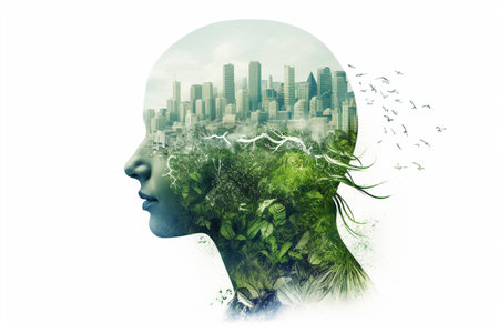 Conceptual image of human head with green leaves and cityscapeの素材