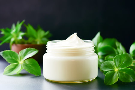 cosmetic cream in jar with green leaves on dark background, closeupの素材