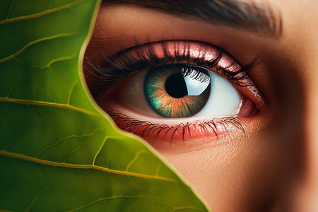 Close up of beautiful woman's eye with green leaf. Beauty concept.の素材