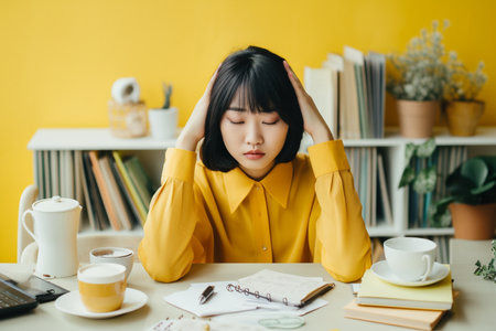 tired asian woman suffering from headache while working at home officeの素材