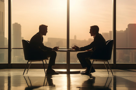 Side view of two businessmen sitting at table and discussing business strategy in officeの素材