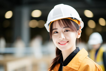 portrait of young asian woman engineer wearing safety helmet at construction siteの素材