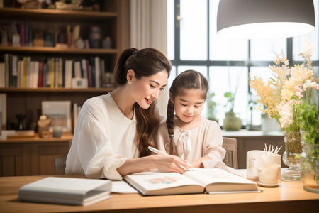 Mother and daughter doing homework together at home. Happy family concept.の素材