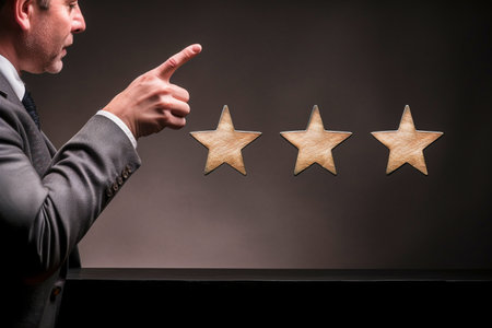 Businessman giving five star rating to increase rating, ranking concept.の素材