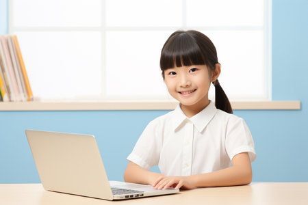cute asian girl using laptop in class room, education conceptの素材