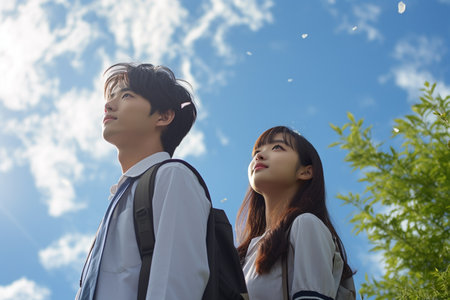 couple of asian teenagers go back to school with blue skyの素材