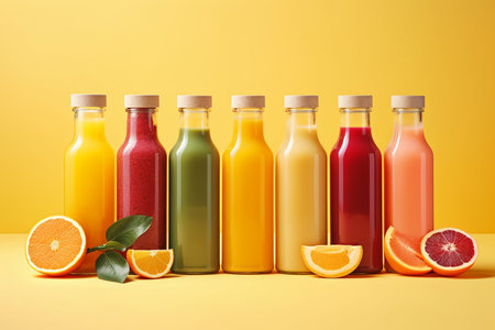 Bottles of fresh fruit juices with orange and grapefruit on yellow backgroundの素材