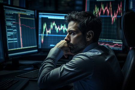 Stressed businessman sitting in front of computer monitors with stock market dataの素材
