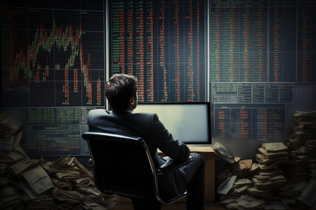 Businessman sitting on the chair in front of computer monitor with stock market dataの素材