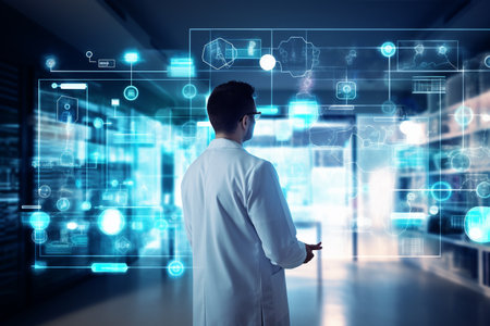 Scientist in white coat working with virtual interface. Research and development conceptの素材