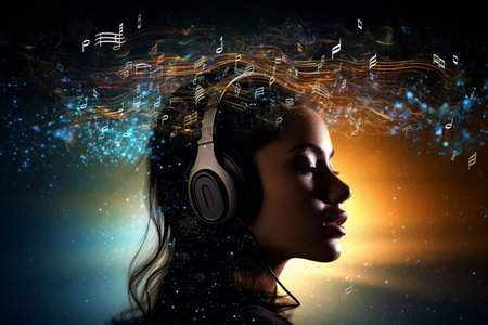 Side view of young african american woman with headphones listening to musicの素材