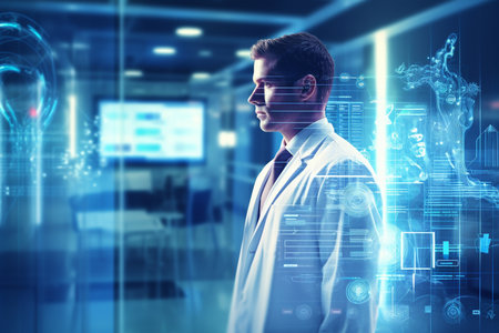 Side view of young male doctor in white coat and eyeglasses working with virtual interface. Toned image double exposureの素材