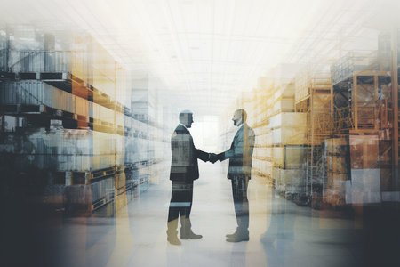 Businessmen shaking hands in warehouse. Partnership concept. Double exposure toned imageの素材