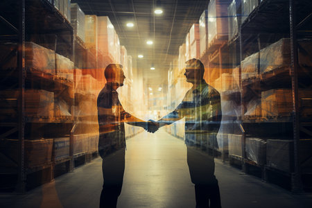 Business people shaking hands in warehouse. This is a double exposure imageの素材