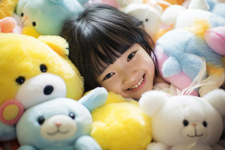 Portrait of a cute little asian girl playing with soft toysの素材