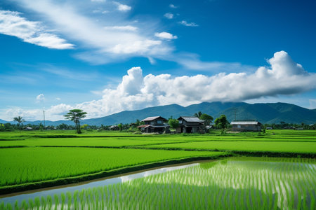 Rice field with blue sky and mountain background in Chiang Mai, Thailandの素材