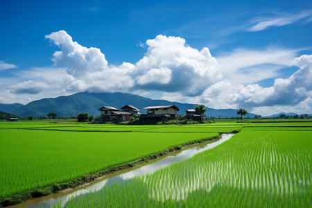 Rice field in Chiangmai, Thailand with blue skyの素材