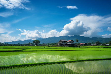 Rice field with blue sky and cloud in the countryside of Thailandの素材