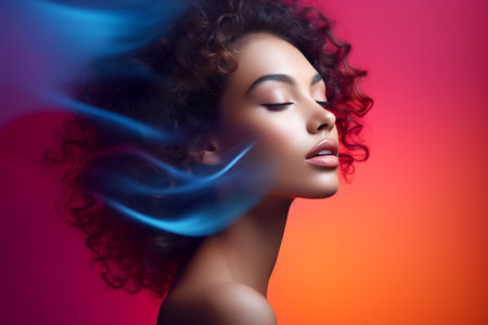 Portrait of a beautiful young woman with curly hair and blue smoke in her hairの素材