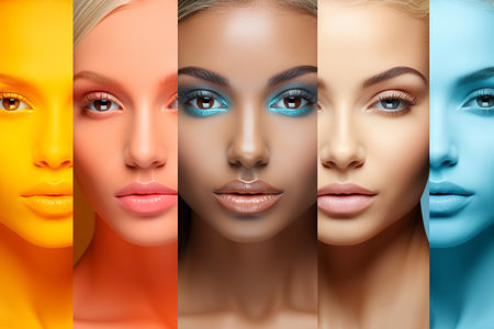 Collage of beautiful young woman with different color makeup. Beauty and fashion concept.の素材