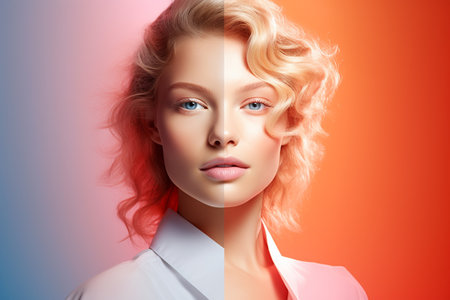 Portrait of a beautiful blonde woman with curly hair. Beauty, fashion.の素材