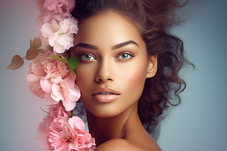Beautiful young woman with flowers in her hair. Beauty face. Picture taken in the studio.の素材