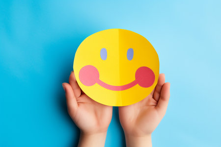 Yellow smiley face on blue background. Flat lay, top view.の素材