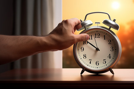 Man's hand turning off the alarm clock on the table in the morningの素材