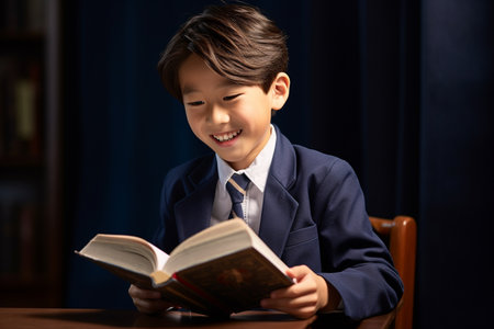 Cute little boy reading a book in the dark room at homeの素材
