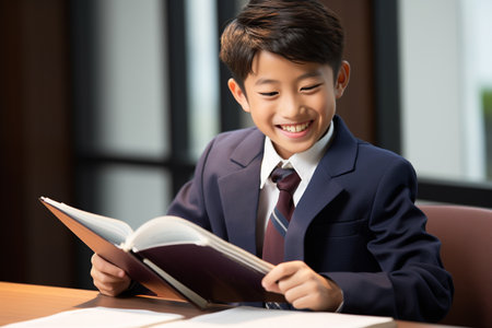 asian boy in suit reading book at table in library, education conceptの素材