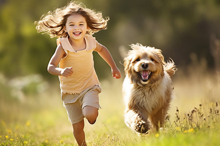 Cute little girl running with her dog in the meadow.の素材