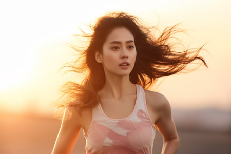 Beautiful asian woman running on the beach at sunset, fitness and healthy lifestyle conceptの素材