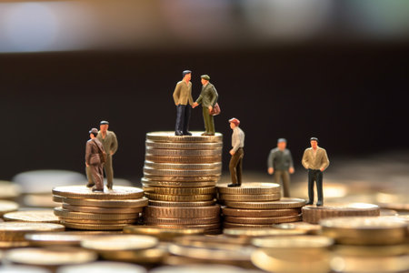 Miniature people : Businessmen standing on stack of coin money for finance and banking concept.の素材
