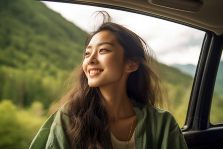 Beautiful asian girl traveling by car in mountains. Travel concept.の素材
