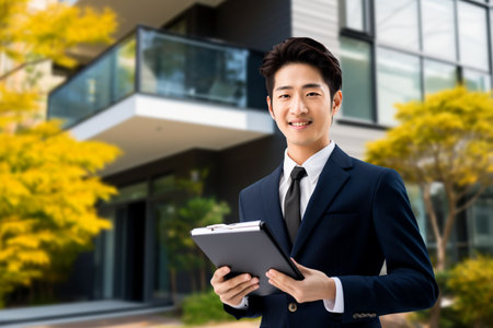 businessman holding clipboard and looking at camera in front of modern buildingの素材