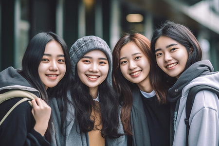 group of happy young asian college students smiling and looking at cameraの素材