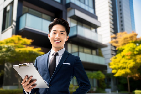 asian businessman in suit holding clipboard and looking at camera in cityの素材