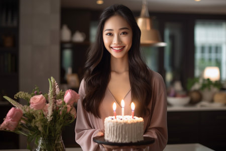 happy asian woman holding birthday cake with candles at home, valentines day conceptの素材