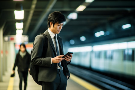 Businessman using mobile phone in the subway train station (motion blurred image)の素材