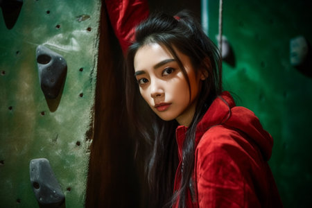 Portrait of a beautiful asian woman in red coat, indoor shotの素材