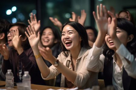 Group of asian business people celebrate success in meeting room at nightの素材