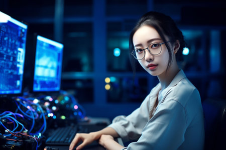 portrait of young asian woman working on computer at night officeの素材