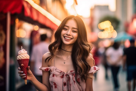 Beautiful young asian woman eating ice cream in the city.の素材