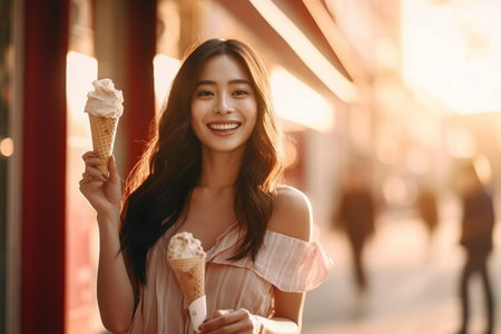 Beautiful asian woman holding ice cream cone in the city.の素材
